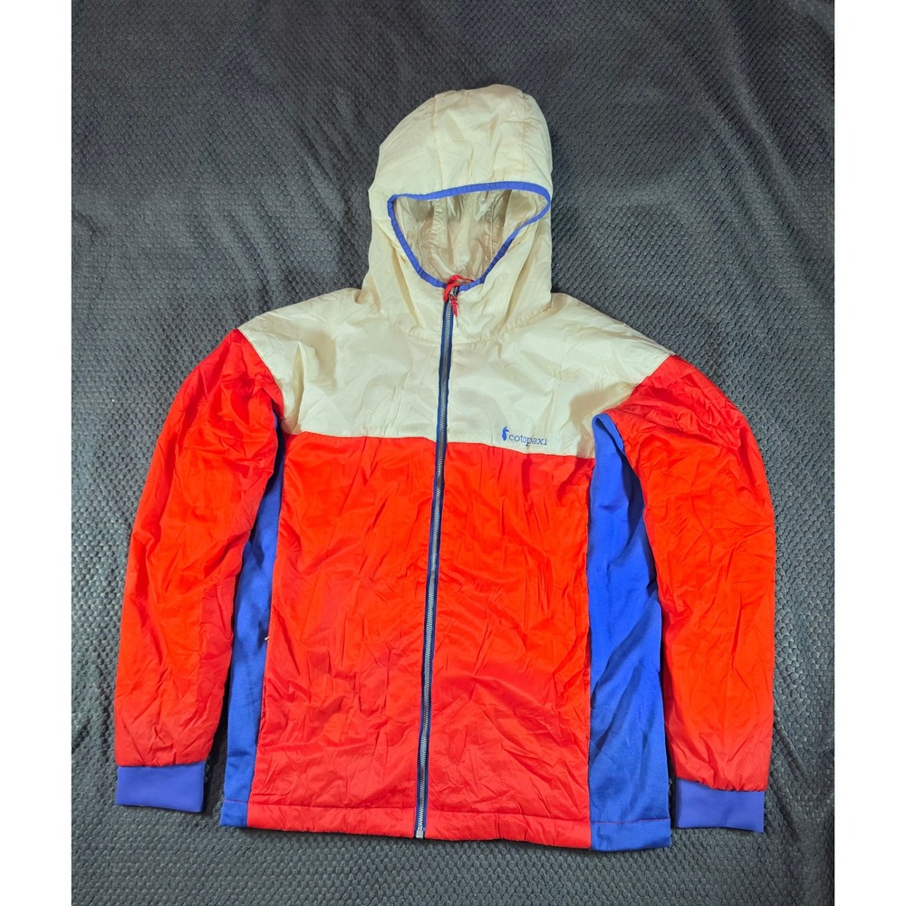 Cotopaxi Pacaya Insulated Hooded Jacket Mens Medium Colorblock Red Blue Cream - Picture 2 of 13